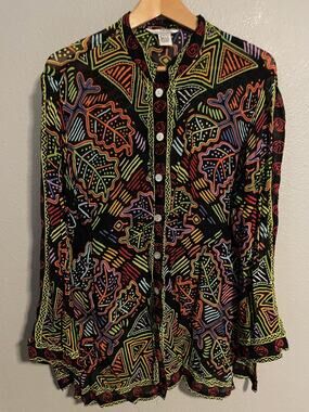 VTG Stonebridge Signature Button Up Womens Large Black Multicolor Leaf Artsy 90s